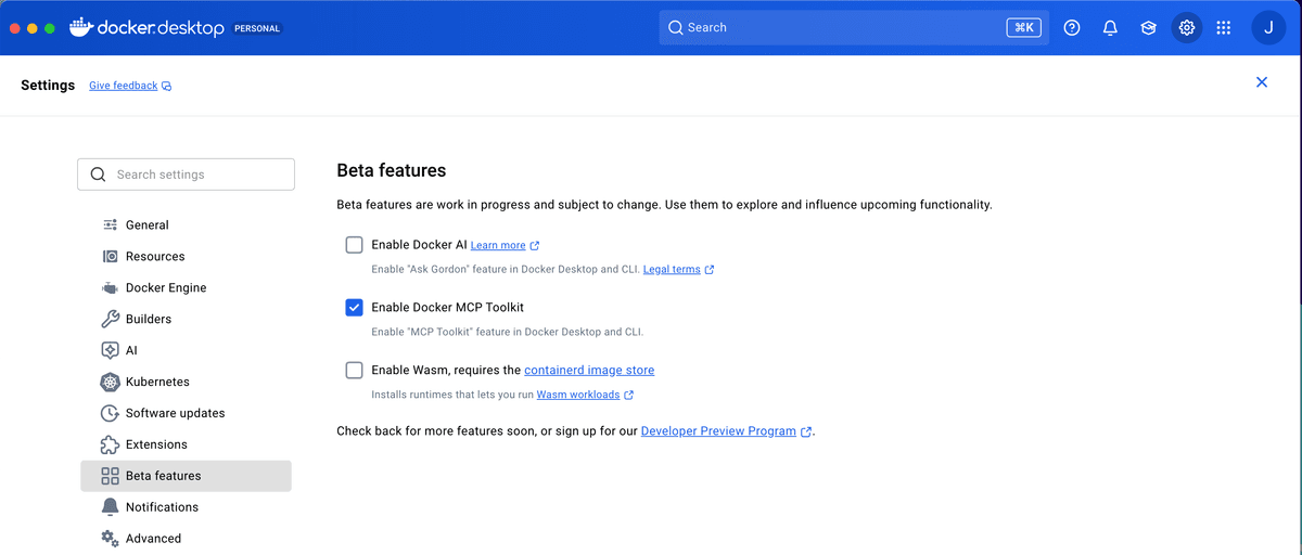 Docker Desktop MCP Toolkit experimental feature enabled in settings