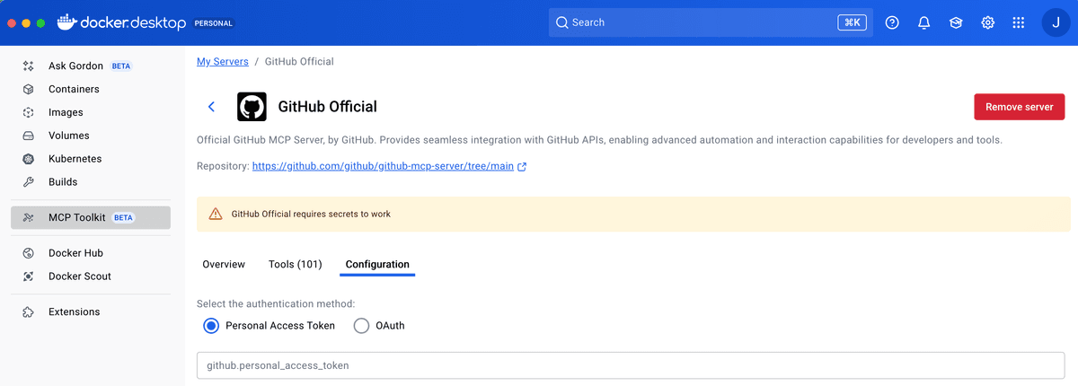 MCP Toolkit catalog showing GitHub Official MCP server
