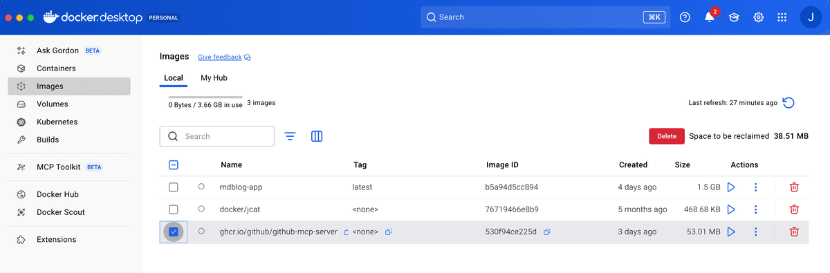 Docker Desktop showing MCP server container image