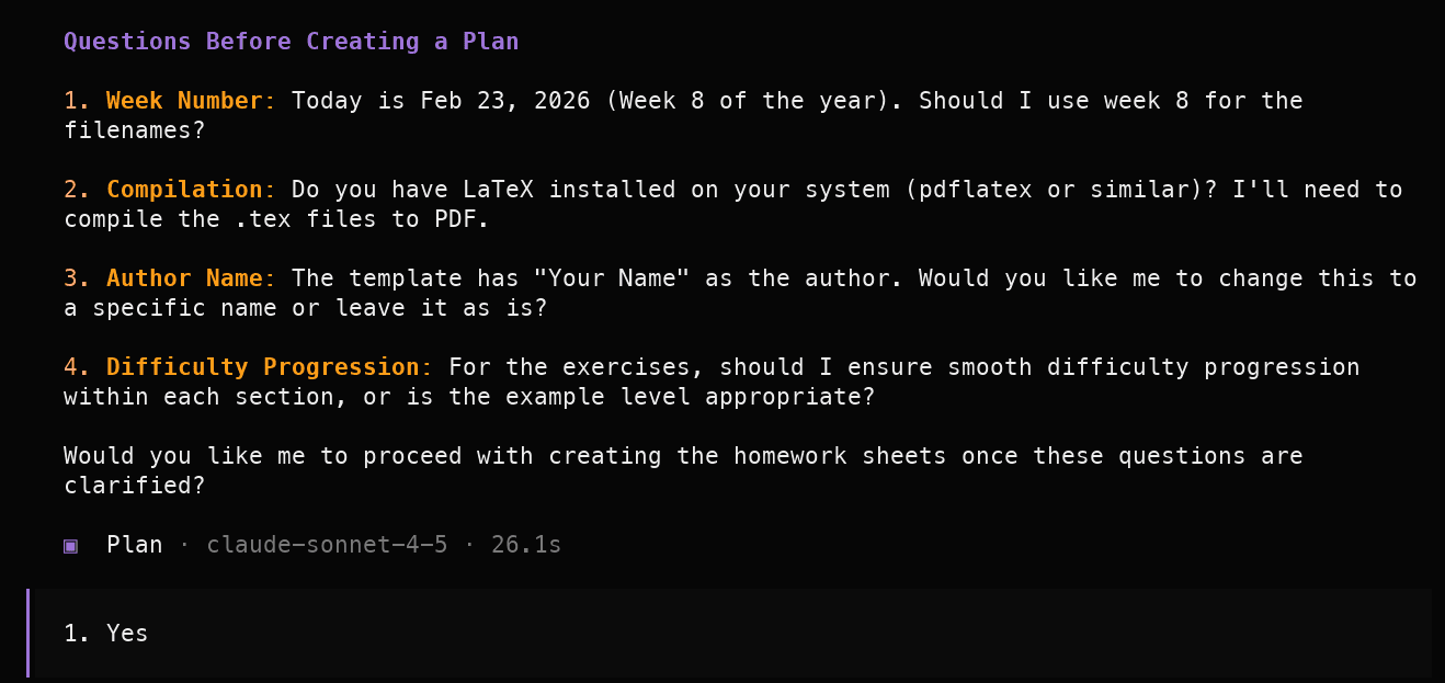 OpenCode asking about target grade level for math exercises