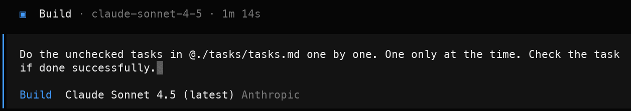OpenCode processing sub-prompt tasks and checking them off