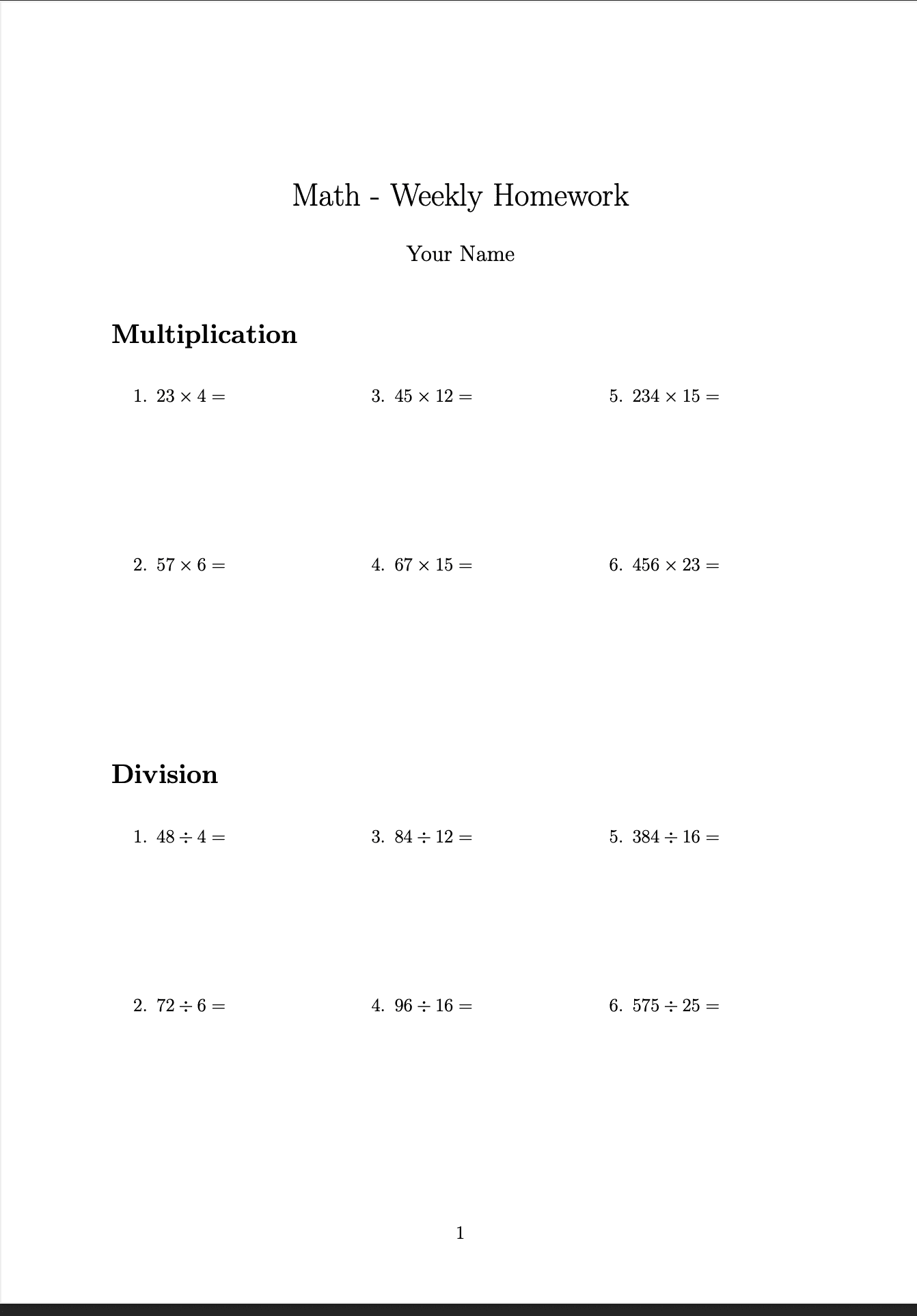 Generated math homework PDF showing division exercises