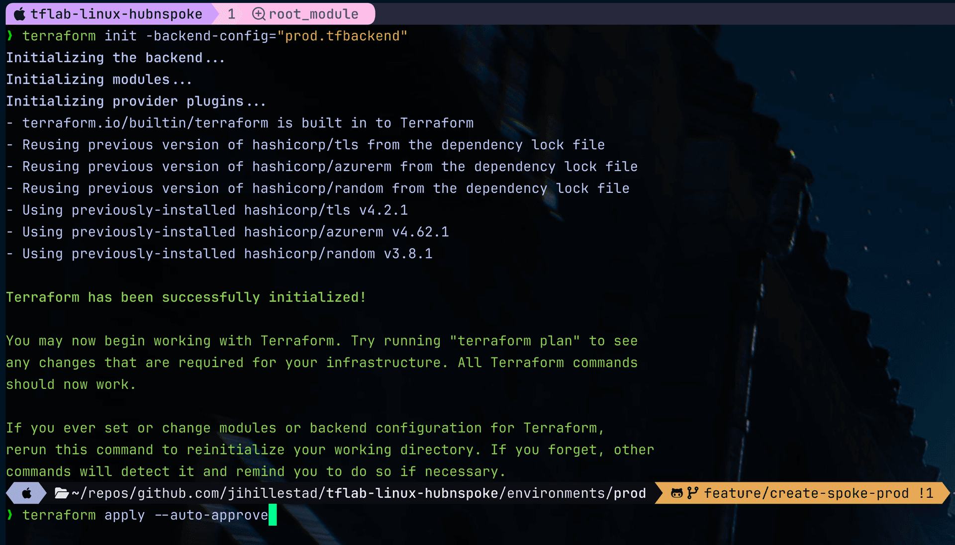 Terraform apply output for Azure Spoke network deployment
