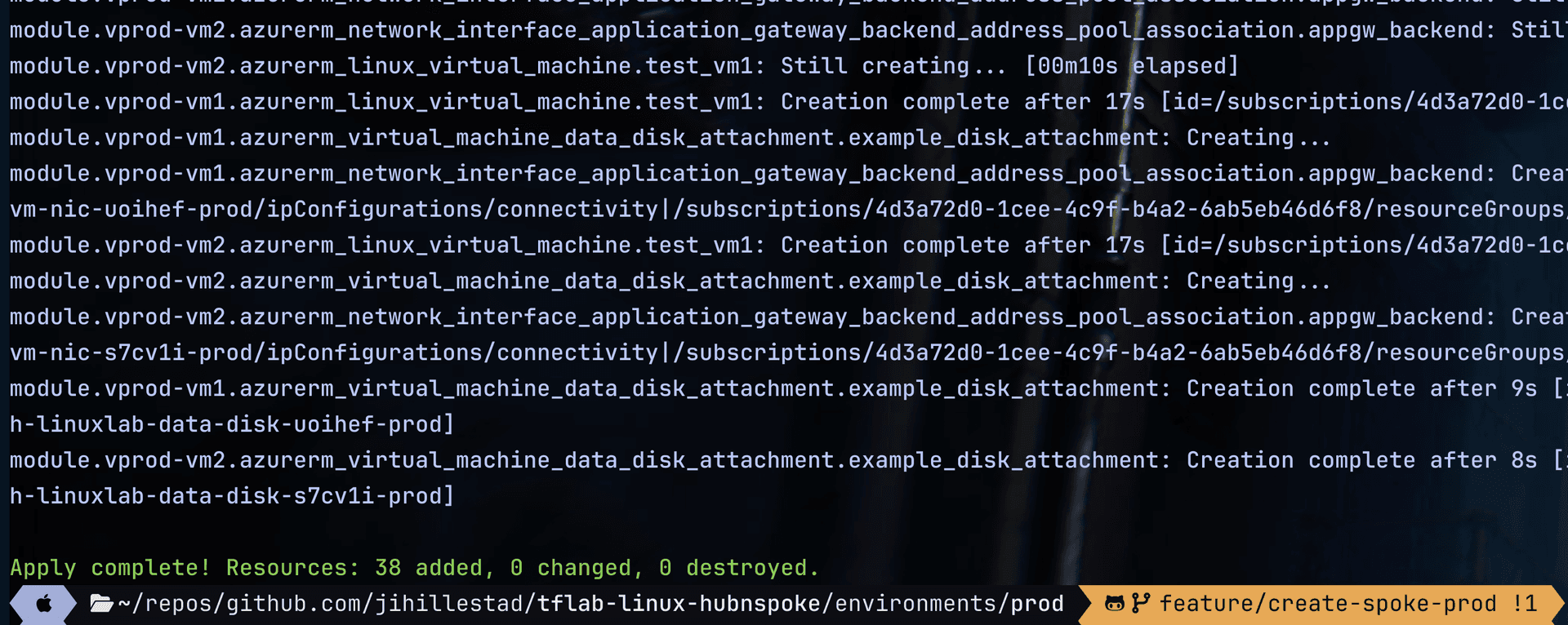 Terraform apply successfully completing Azure Spoke infrastructure build