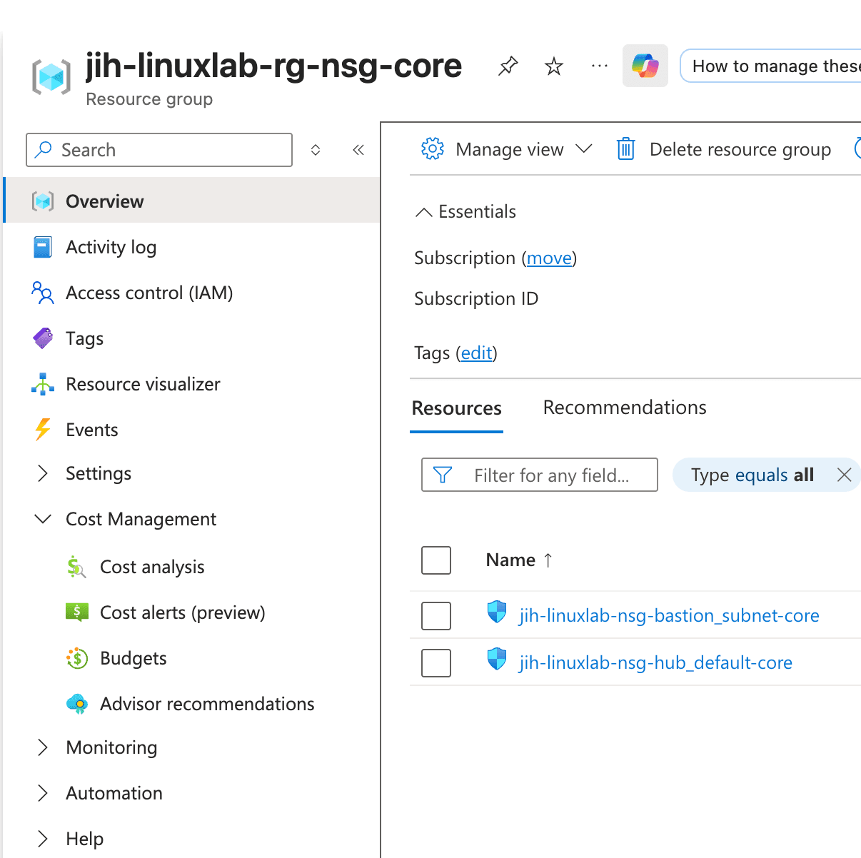 Azure Portal showing Network Security Groups for Bastion subnet after Terraform deployment