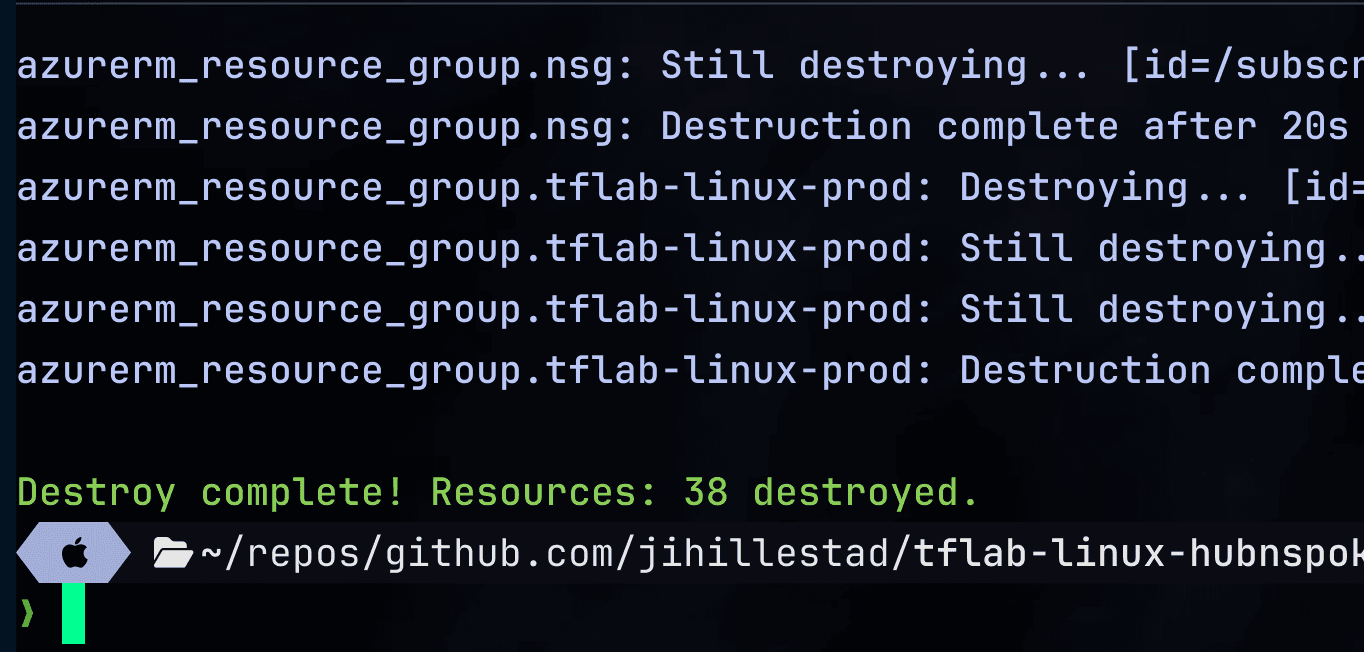 Terraform destroy successfully removing Azure Spoke infrastructure