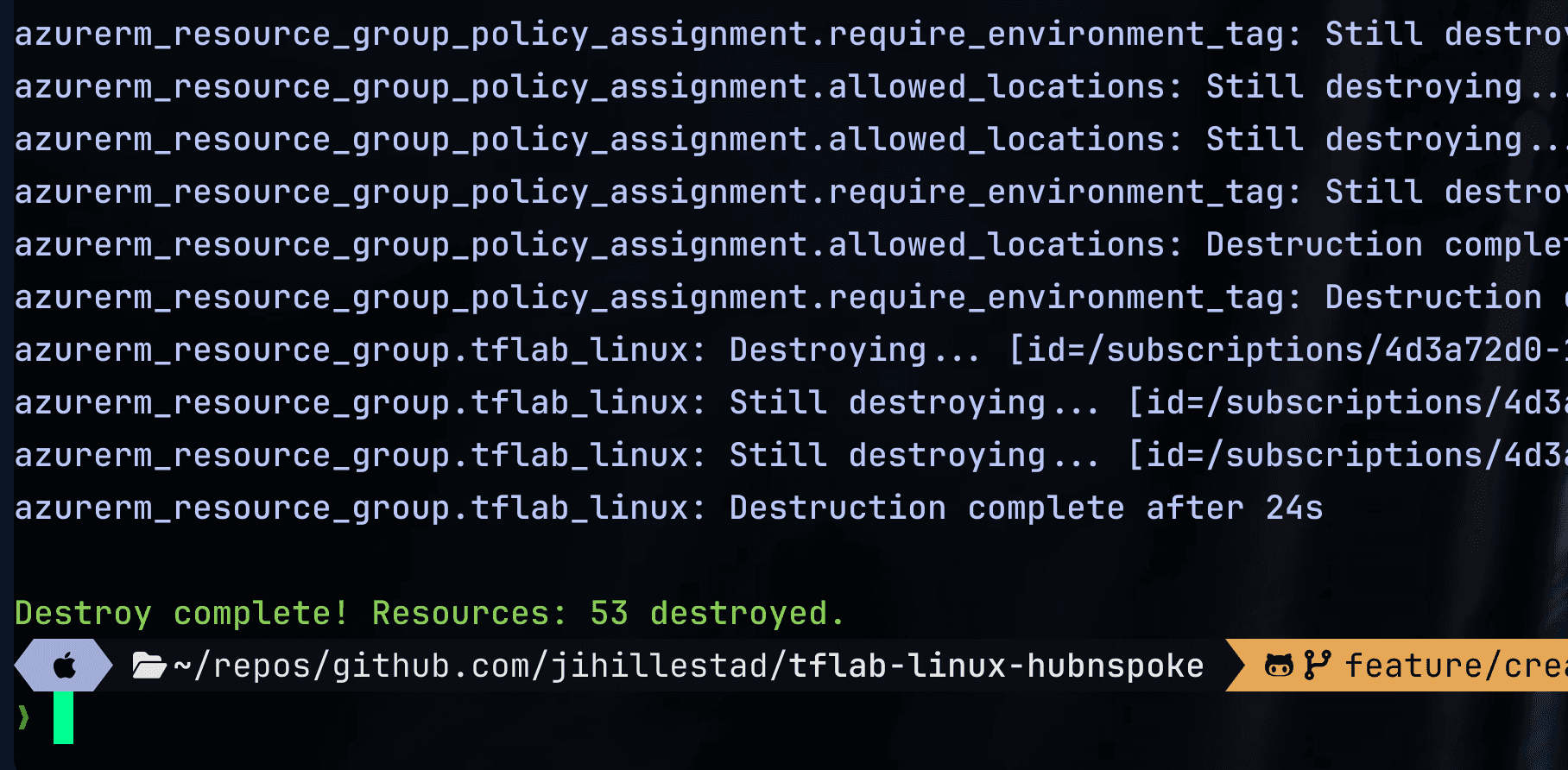Successful Terraform destroy completion for Azure infrastructure