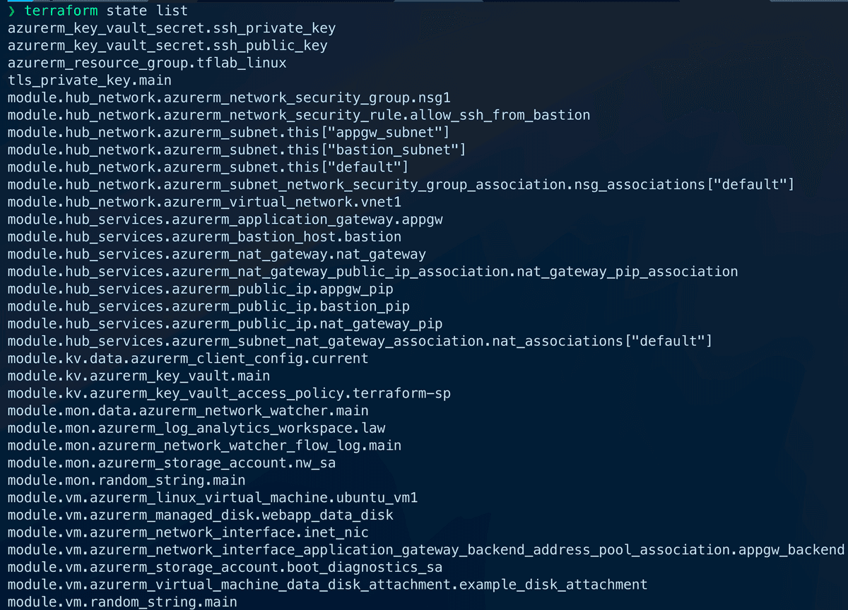 Terminal showing terraform state list command output