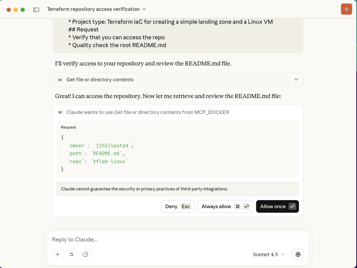 Claude AI agent providing quality check results for README file