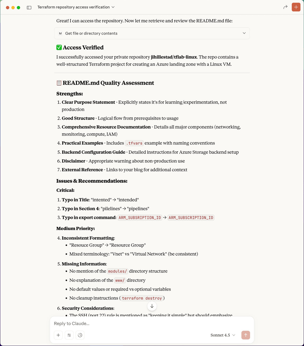 Claude AI agent completing repository verification task